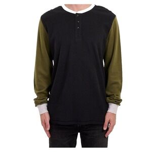 SVRN CODE Mens Size L Long Sleeve Henley Shirt Black Green Colorblock Thermal